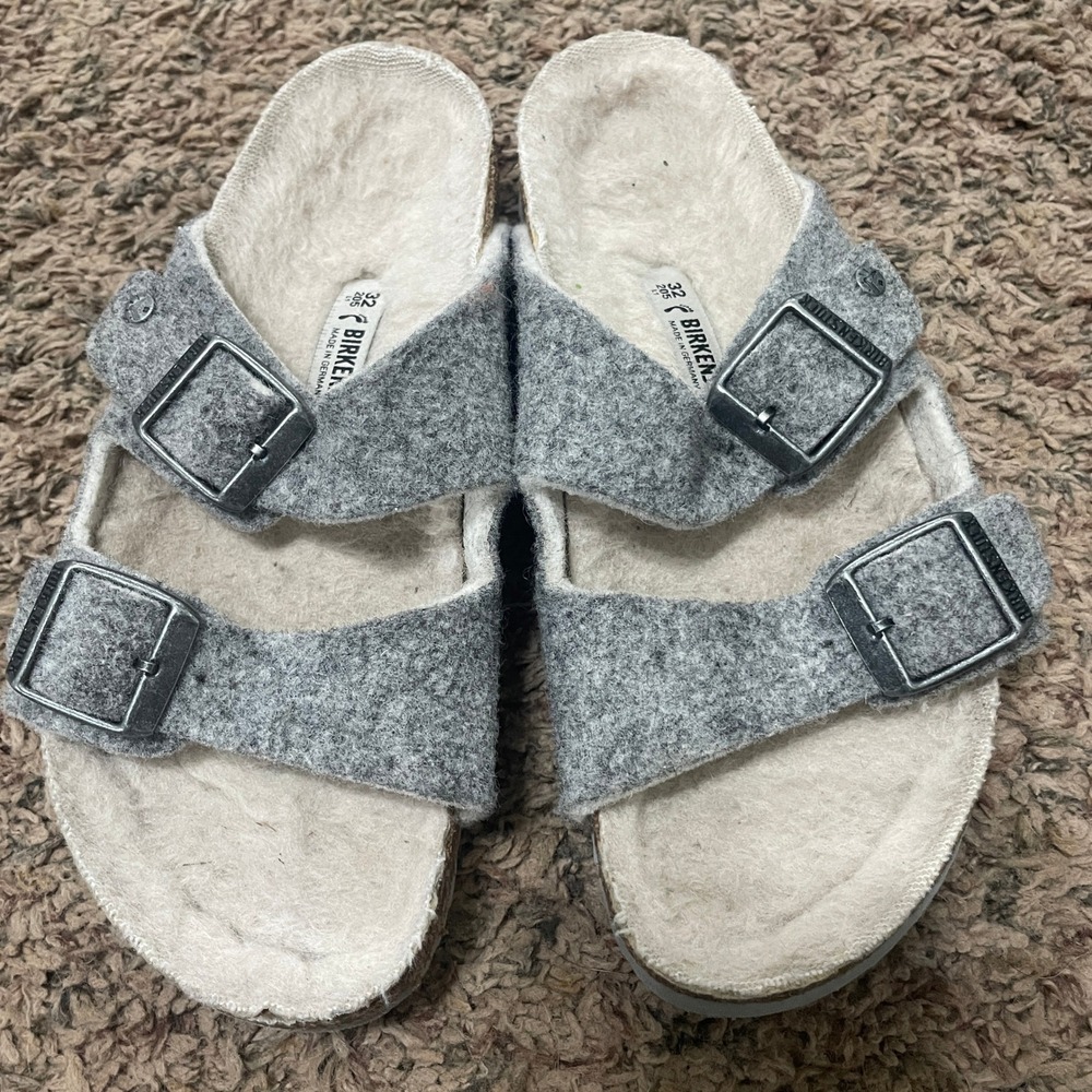 Birkenstock Arizona Kids Felt Wool Shearling Lined Sandals Gray Size 32 US 1